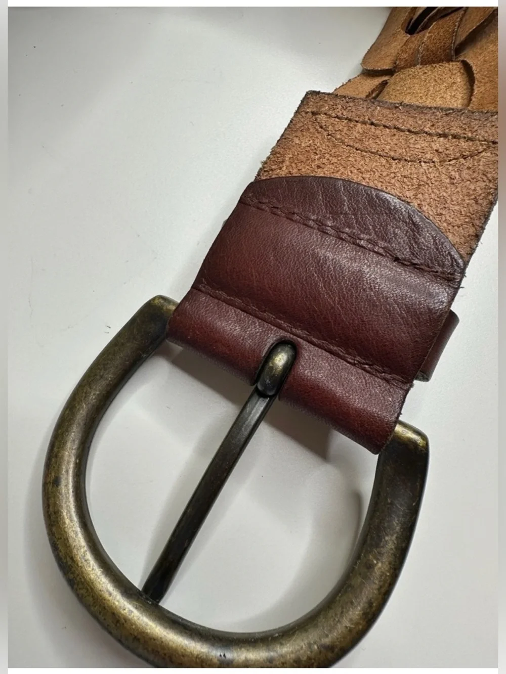 Fossil Tooled Chain Woven Belt Brown Leather Western Wide 2.75